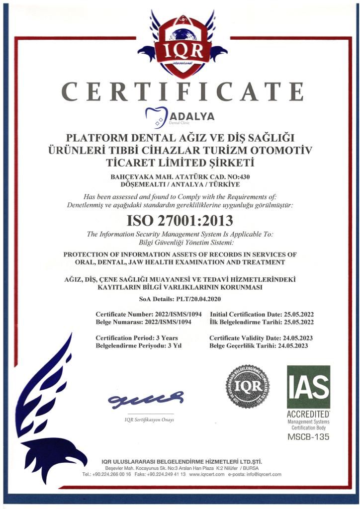 Zertifikat der adalya Zahnklinik 3